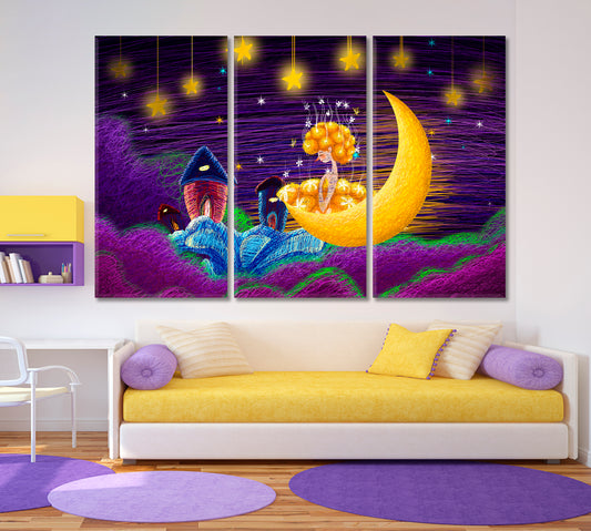 Night Fairy-tale Children's Room Wall Art Canvas Print Kids Room Canvas Art Print Artesty 3 panels 36" x 24"