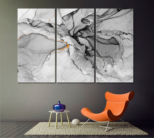 Gray Ink Modern Abstract Painting Fluid Art, Oriental Marbling Canvas Print Artesty 3 panels 36" x 24"