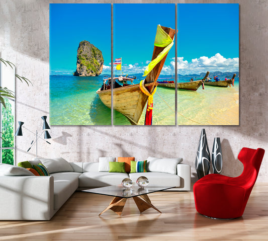 Turquoise Sea Exotic Tropical Island Ocean Crystal Clear Water Boat Tropical, Exotic Art Print Artesty 3 panels 36" x 24"