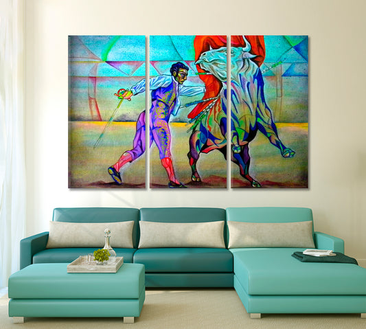 Bullfighter Fantasy Cubism Figure Bull Fine Art Artesty 3 panels 36" x 24"