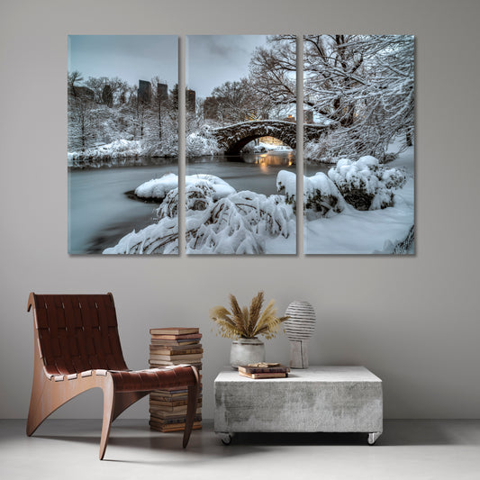 Central Park New York City Gapstow Bridge Winter Snow Storm Scenery Landscape Fine Art Print Artesty 3 panels 36" x 24"