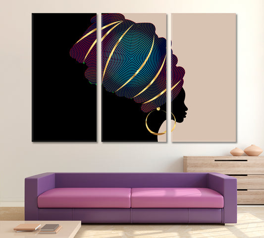 Portrait Beautiful African Woman Traditional Turban Kente Head Wrap African Style Canvas Print Artesty 3 panels 36" x 24"