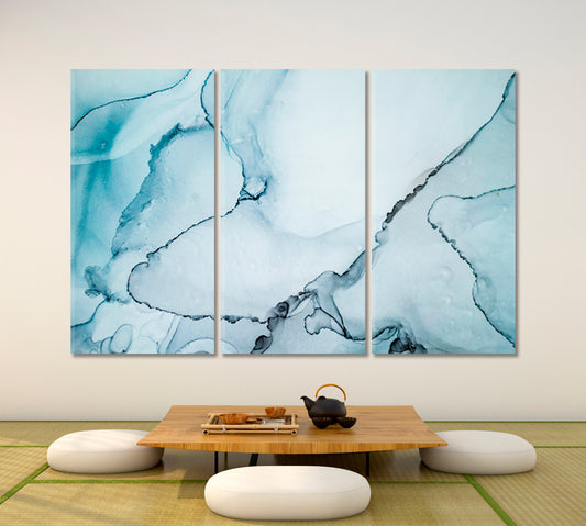 Abstract Tender Grey Blue Modern Marble Ink Pattern Fluid Art, Oriental Marbling Canvas Print Artesty 3 panels 36" x 24"