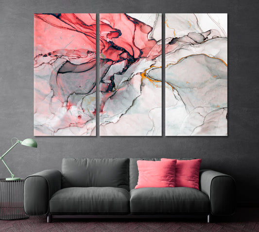 Luxury Translucent Pink Gray Green Ink Painting Fluid Art, Oriental Marbling Canvas Print Artesty 3 panels 36" x 24"
