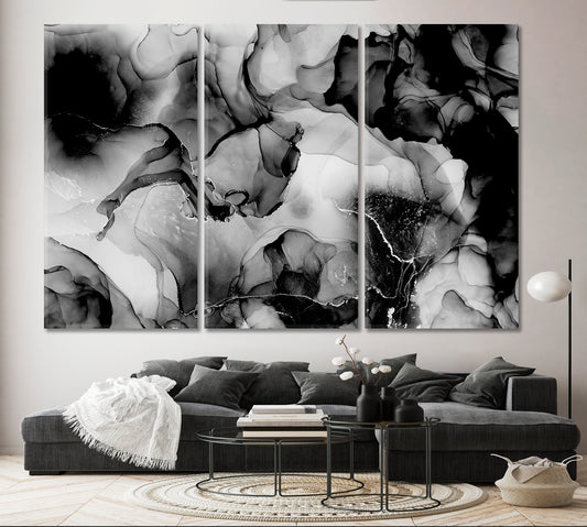 FLUID ART Black and White Abstract Marble Ink Fluid Art, Oriental Marbling Canvas Print Artesty 3 panels 36" x 24"