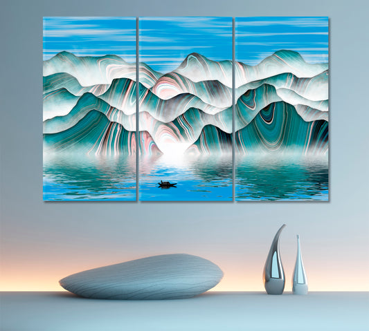 ABSTRACT LANDSCAPE Ink Painting Abstract Mountain Lines Shapes Forms Contemporary Art Artesty 3 panels 36" x 24"