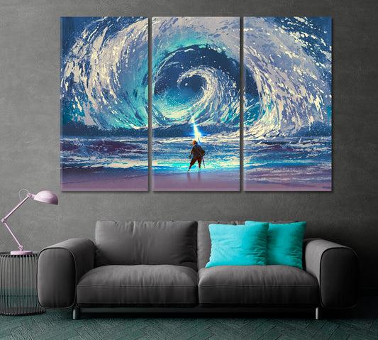 Man Magic Spear Swirling Sea In The Sky Surreal Art Abstract Art Print Artesty 3 panels 36" x 24"