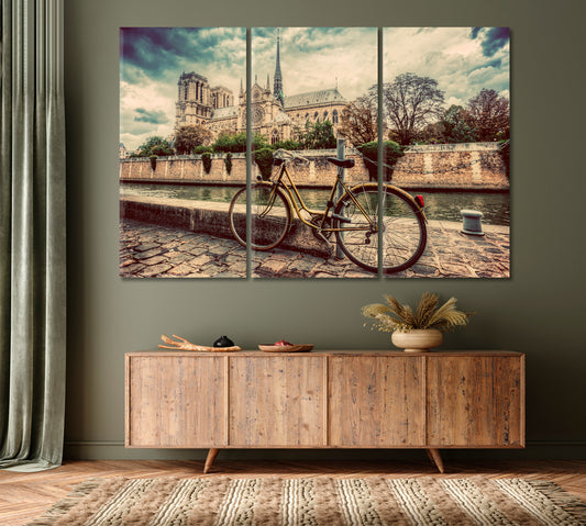 Retro Bicycle Notre Dame Old Cathedral Paris France Seine River Cities Wall Art Artesty 3 panels 36" x 24"
