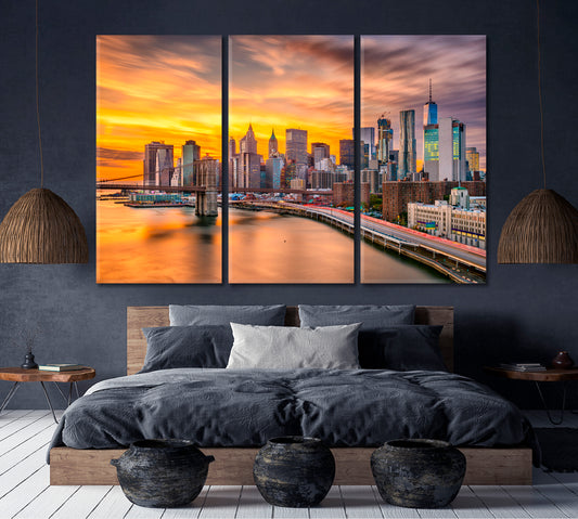 Brooklyn Bridge After Sunset New York Poster Famous Landmarks Artwork Print Artesty 3 panels 36" x 24"