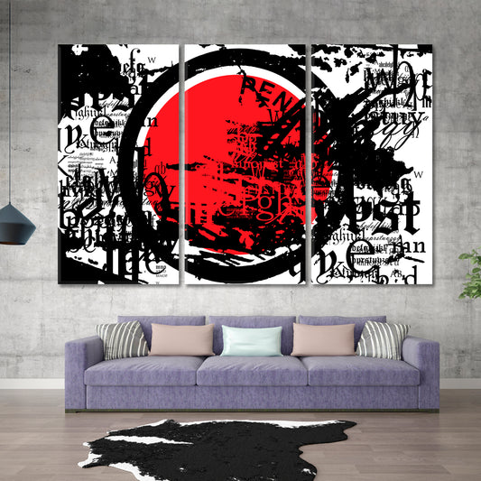 GRUNGE Modern Abstract Black Red White Asian Style Canvas Print Wall Art Artesty 3 panels 36" x 24"