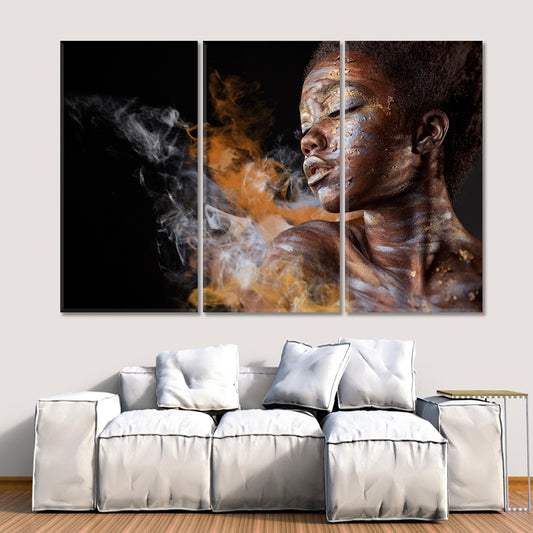 SMOKE Young African American Woman Body Art Photo Art Artesty 3 panels 36" x 24"