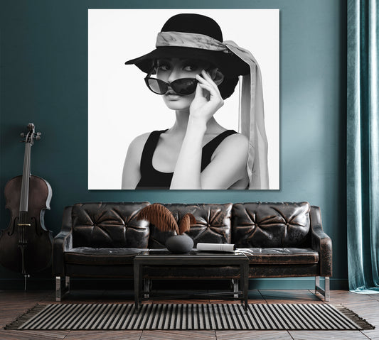 Beautiful Woman Audrey Hepburn Fashion Style Hat Scarf Sunglasses Celebs Canvas Print Artesty