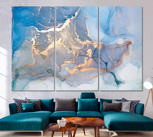 Liquid Marble Blue Smoke Fluid Ink Fluid Art, Oriental Marbling Canvas Print Artesty 3 panels 36" x 24"