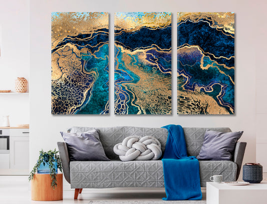 BLUE GOLD MARBLE Abstract Swirls Natural Luxury Style Fluid Art, Oriental Marbling Canvas Print Artesty 3 panels 36" x 24"