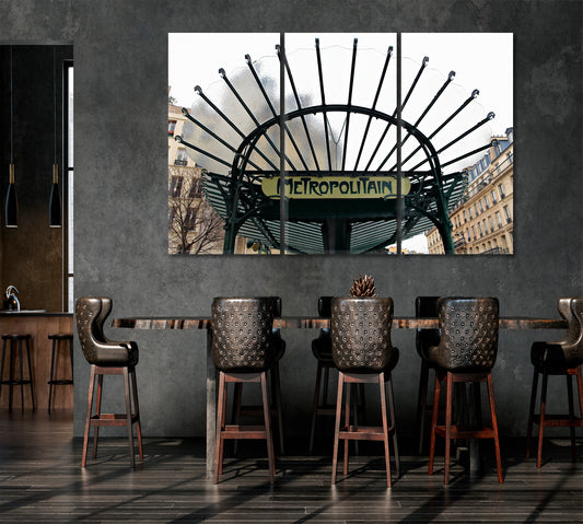 Historic Art Nouveau Entrance Sign Metropolitan Paris France Canvas Print Cities Wall Art Artesty 3 panels 36" x 24"