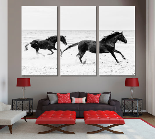 Horses Gallop Running on the Seashore Freedom Wildness Black and White Animals Canvas Print Artesty 3 panels 36" x 24"