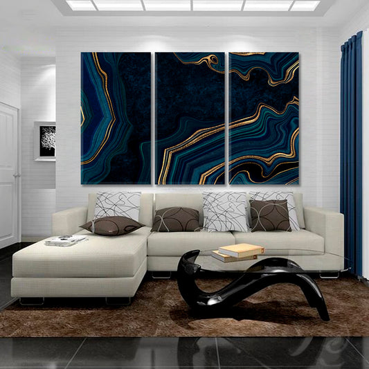 Abstract Luxurious Dark Agate Golden Veins Marble Artistic Design Fluid Art, Oriental Marbling Canvas Print Artesty 3 panels 36" x 24"
