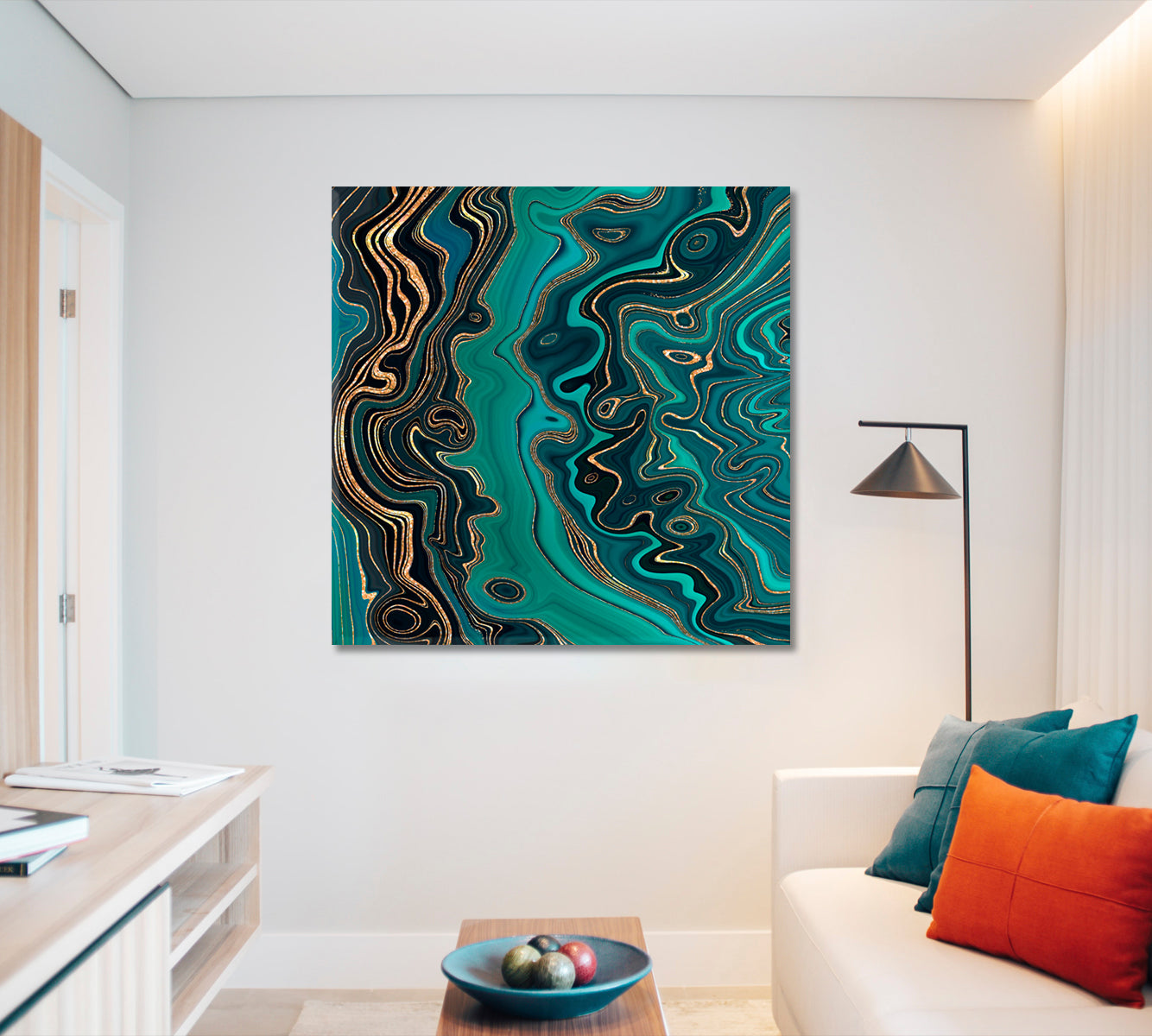 MALACHITE Abstract Green Wavy Lines Gold Glitter Veins Modern Marble Fluid Art, Oriental Marbling Canvas Print Artesty