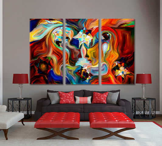ABSTRACT INTERPLAY Mystic Profiles Colorful Patterns Symbols Vivid Shapes Abstract Art Print Artesty 3 panels 36" x 24"
