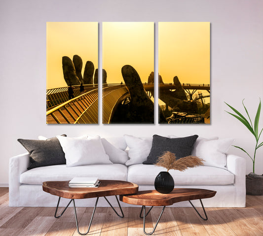 Golden Bridge Lifted by Two Giant Hands Ba Na mountain Hill in Danang Vietnam Famous Landmarks Artwork Print Artesty 3 panels 36" x 24"