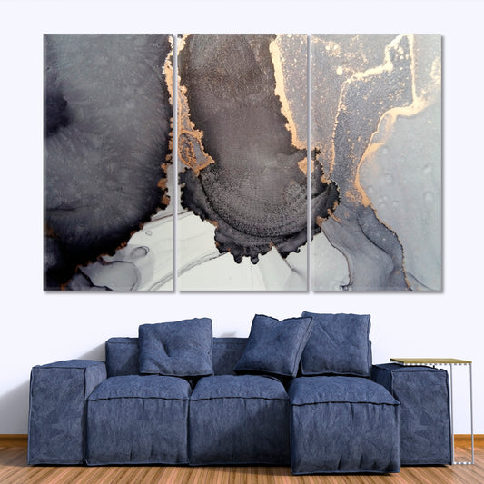 Abstract Fluid Gray Gold Ocean Water Splatter Alcohol Ink Clouds Fluid Art, Oriental Marbling Canvas Print Artesty 3 panels 36" x 24"