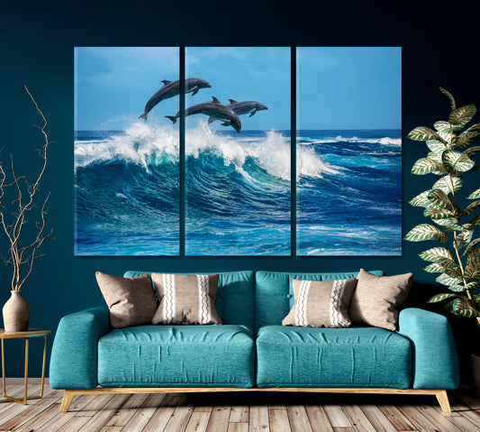 WILDLIFE Ocean Hawaii Dolphins Breaking Waves Marine Animals Nautical, Sea Life Pattern Art Artesty 3 panels 36" x 24"