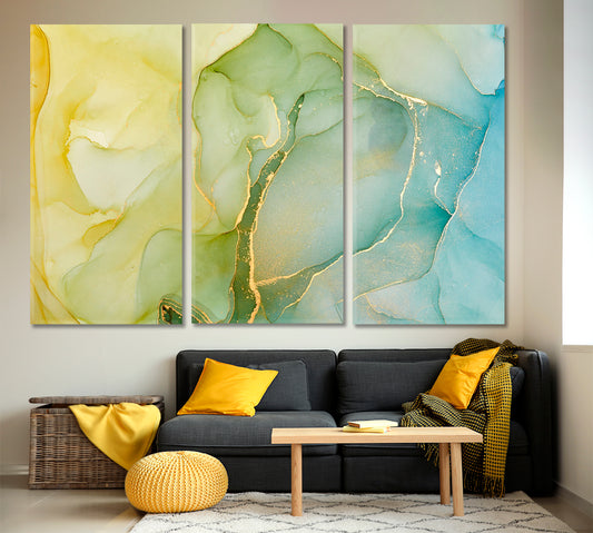 Yellow Green Blue Mixing Ink Colors Marble Pattern Fluid Art, Oriental Marbling Canvas Print Artesty 3 panels 36" x 24"