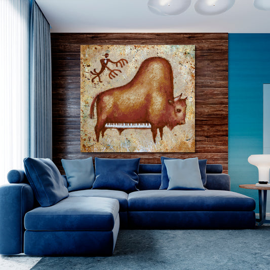 PIANO | Cute Grand Piano Buffalo Rock Painting Canvas Print - Square Panel Vintage Affordable Canvas Print Artesty 1 Panel 12"x12"