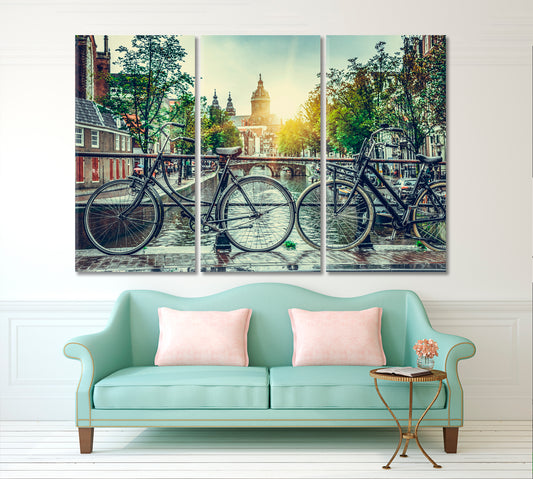 Bicycle Canal Bridge Amsterdam City Netherlands Old Streets Cities Wall Art Artesty 3 panels 36" x 24"