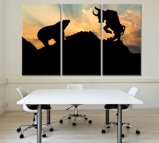POWERFUL Bear and Bull Market Office Wall Art Canvas Print Artesty 3 panels 36" x 24"