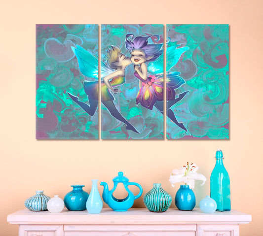 Kids Room Cute Funny Elves With Fairy Wings TV, Cartoons Wall Art Canvas Artesty 3 panels 36" x 24"