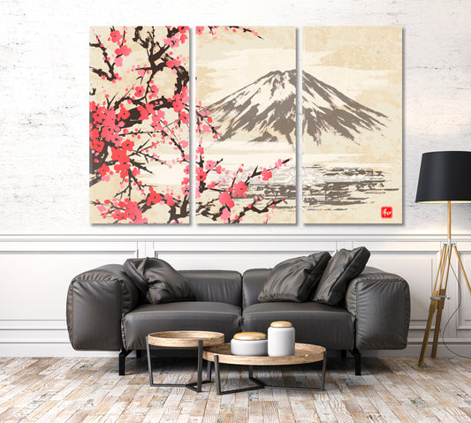 Oriental Style Mountain Fuji Sakura Japanese Cherry Blossom Trees HARMONY Canvas Print Asian Style Canvas Print Wall Art Artesty 3 panels 36" x 24"