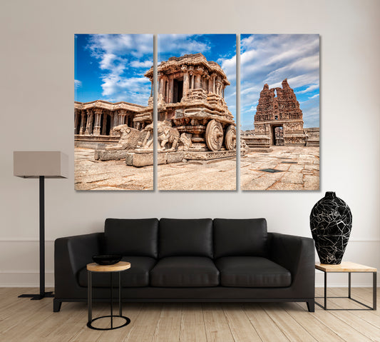 Vitthala Temple Chariot Temple Hampi Ancient Attraction India Rich Culture Canvas Print Traveling Around Ink Canvas Print Artesty 3 panels 36" x 24"