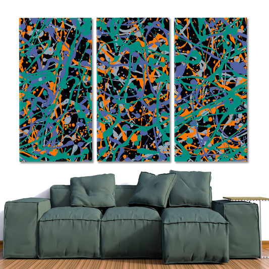 COLLAGE Splattered Colors Turquoise Orange Violet Abstract Art Print Artesty 3 panels 36" x 24"