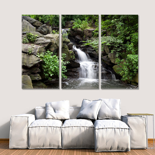 USA Central Park New York City Waterfall in Northwoods Nature Wall Canvas Print Artesty 3 panels 36" x 24"