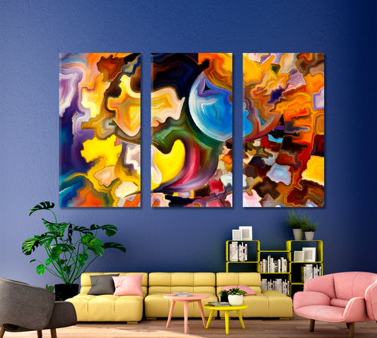 Extrasensory Perception, Profile Lines and Colorful Shapes Abstract Art Print Artesty 3 panels 36" x 24"