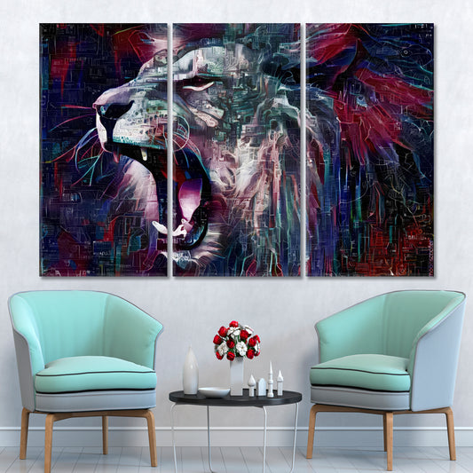 LION WILD BEAST Animals Abstract Modern Indigo Blue Plum Purple Animals Canvas Print Artesty 3 panels 36" x 24"