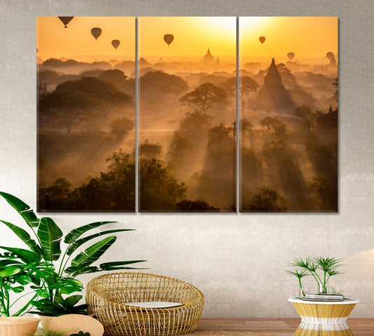 Buddhism Attraction Misty Landscape Sunrise Air Balloons Ancient Pagoda Myanmar Bagan Old Kingdom Burma Asia Asian Style Canvas Print Wall Art Artesty 3 panels 36" x 24"