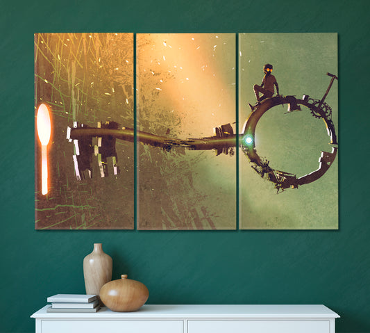 BETWEEN HEAVEN AND EARTH Surreal Art Big Gold Key Boy Keyhole Contemporary Art Artesty