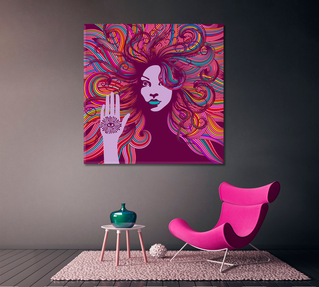 Psychedelic Portrait Hippie Woman Colorful Hair Evil Eye Protection Religious Modern Art Artesty