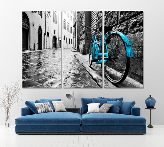 Retro Blue Bicycle Old Town Black and White Vintage Style Cities Wall Art Artesty 3 panels 36" x 24"