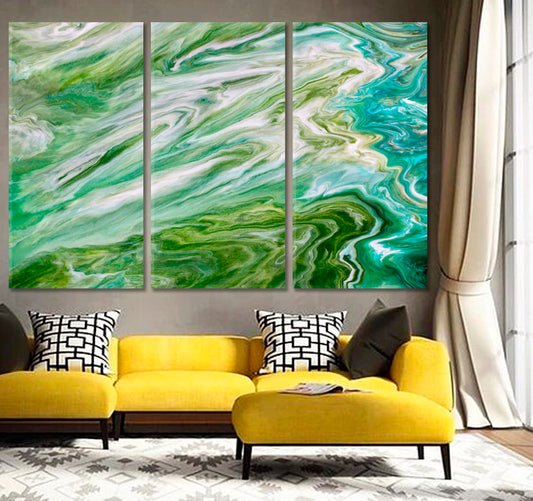Marble Effect Green Abstract Fluid Acrylic Pattern Fluid Art, Oriental Marbling Canvas Print Artesty 3 panels 36" x 24"