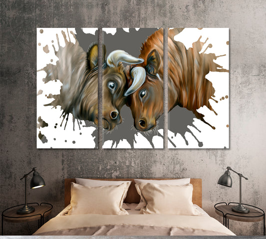 CHARGING BULLS Business Power Concept Market Stock Exchange Finance Metal Ox Year 2021 Animals Canvas Print Artesty 3 panels 36" x 24"