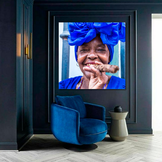 TRADITIONAL HAVANA African Cuban Woman Big Fat Cigar Canvas Print - Square Panel People Portrait Wall Hangings Artesty