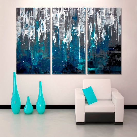 MATRIX FORM Abstract Creative Chaos Blue Acrylic Vivid Variety Paint Brush Elements Texture Grunge Canvas Print Contemporary Art Artesty 3 panels 36" x 24"