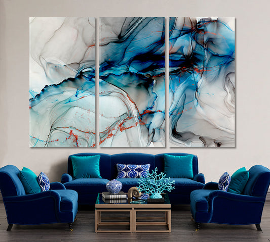 Smoky Alcohol Ink Art Modern Abstract Transparent Gray Blue Marble Fluid Art, Oriental Marbling Canvas Print Artesty 3 panels 36" x 24"