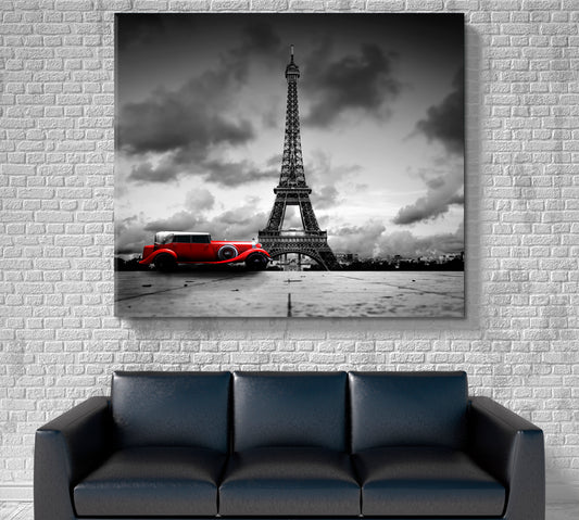 Eiffel Tower Paris France Red Retro Car Black and White Vintage Style Cities Wall Art Artesty