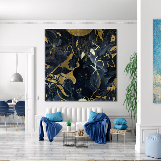 GARDEN OF EDEN Girl Abstract Black Gold Tropical Leaves Abstract Art Print Artesty