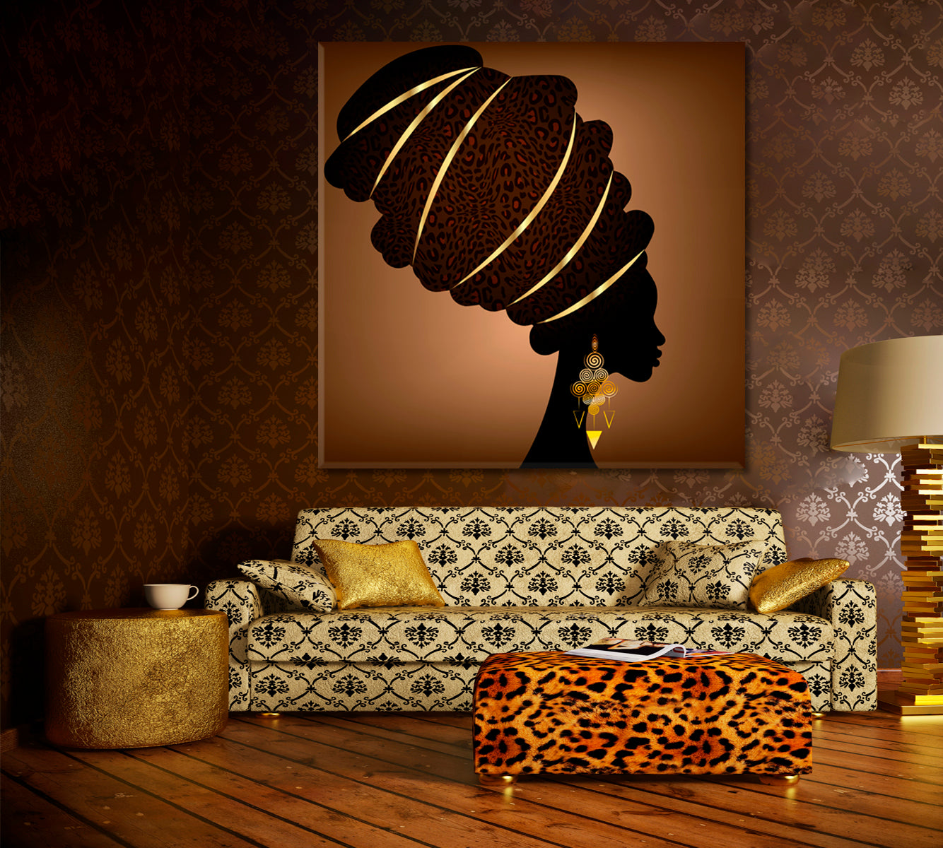 Ethnic African Lady Turban Brown Gold Tones African Style Canvas Print Artesty