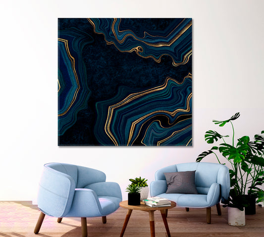 Navy Abstract Marble Stone Effect Canvas Print - Square Abstract Art Print Artesty